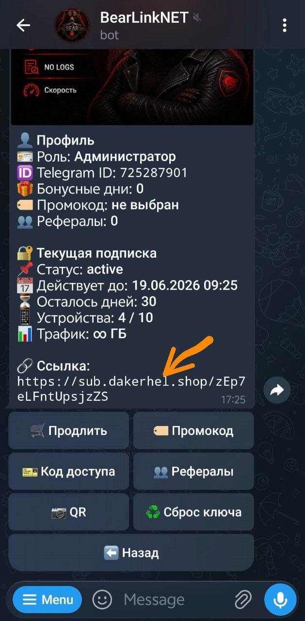 Профиль в боте BearLinkNET — строка Ссылка